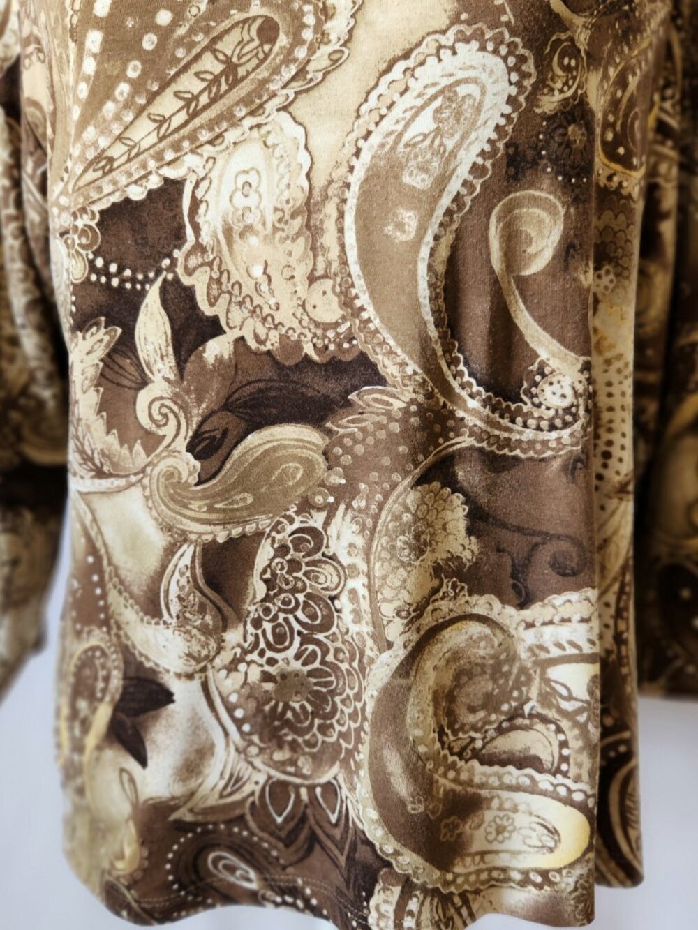 Chico's Women's Size 2/12-14 (L) Brown Paisley Print 3/4 Sleeve Round Neck Top - Picture 4 of 14
